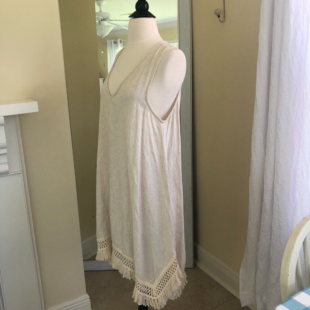 Bad Little Country Girl Tina Linen Blend Dress Crochet Fringe Hem Medium Boho - Picture 3 of 10